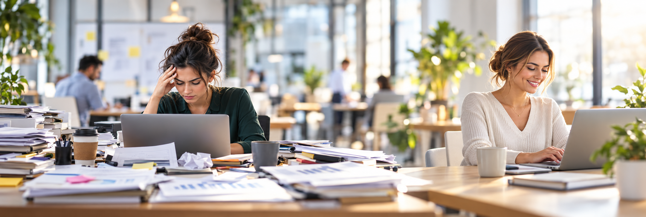 An overloaded marketer at a cluttered desk beside a different, relaxed marketer working at a clear desk