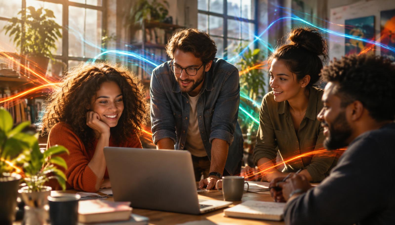 Marketing team gathered around a laptop, connected by colorful intelligence signals